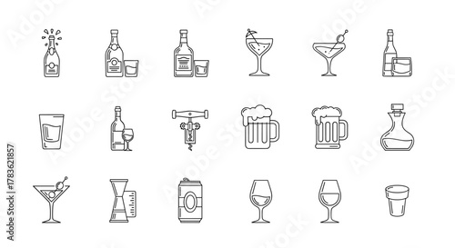 Collection of simple, modern line art vector icons representing various alcoholic beverages and bar tools, including champagne, whisky, cocktails, beer mugs, wine glasses, shot glasses, a corkscrew