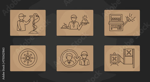 Set of linear icons representing teamwork, business, and human resources, including concepts like collaboration, service, technology, selection, and inspection, suitable for modern digital platforms