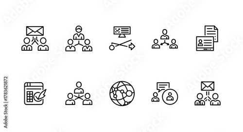 Networking icon set, including network connections, relationships, online networking, community, events, and social network icons. This solid icon collection represents various aspects of