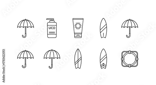 Collection of simple line art icons representing summer beach essentials: umbrellas for sun protection, sunscreen lotion and cream, surfboards for water sports, and a lifeline for safety, perfect for