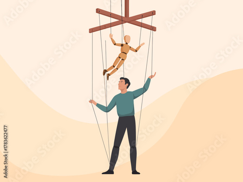 A puppeteer skillfully manipulating a wooden puppet on strings, illustrating the artistry of puppet theater and the intricate relationship between the performer and the puppet.
