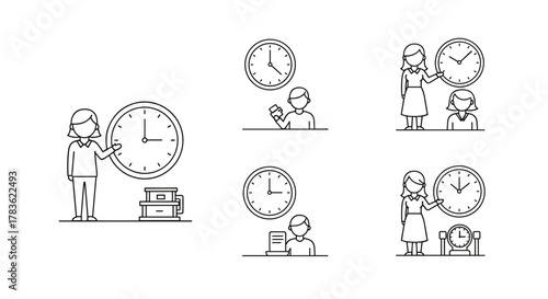 Set of thin line icons depicting people interacting with clocks, symbolizing time management, punctuality, and scheduling in a business or lifestyle context. These vector illustrations are perfect