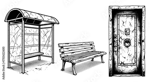 Grunge black and white illustrations of urban elements: a weathered bus stop shelter with a cracked glass roof, a rustic wooden park bench, and a heavy, distressed metal door with a large ring