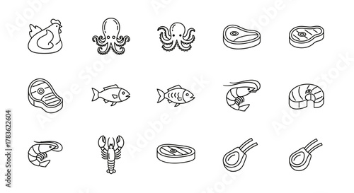 Modern Thin Line Icons Set: Meat and Seafood Collection Featuring Chicken, Octopus, Beef Steaks, Fish, Shrimp, Lobster, and Lamb Chops. Editable Vector Illustration for Culinary and Gastronomy