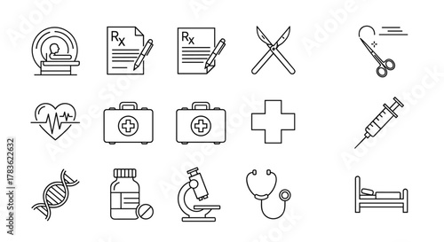 Set of Simple Medical Related Vector Line Icons: MRI scanner, prescription with pen, surgical scissors, medical scissors, electrocardiogram heart, first aid kit, cross symbol, syringe, DNA strand