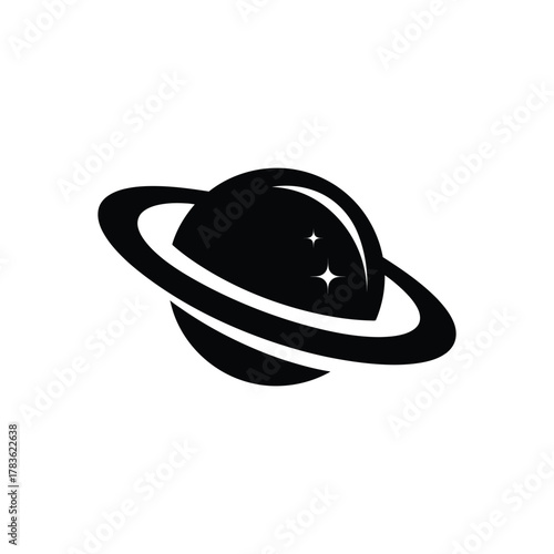 Black Planet with Rings and Stars on Transparent Background Simple Celestial Icon