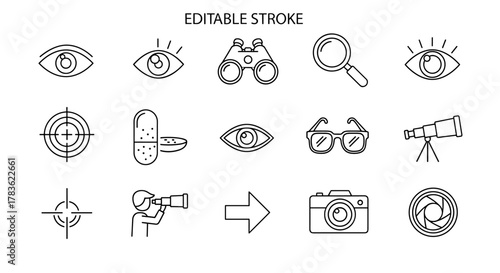 A clean and modern line icon set focused on vision and observation, featuring elements like eyes, binoculars, magnifying glass, telescope, camera, glasses, and target reticles, all with editable