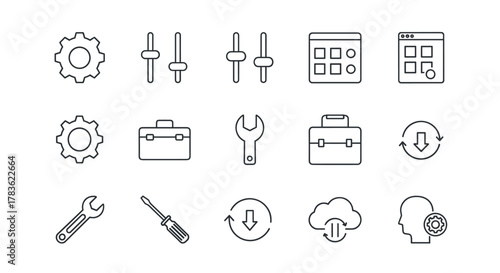 Set of outline vector icons representing general settings, including gears, sliders, control panels, toolboxes, wrenches, screwdrivers, system updates, and user preferences, presented as a clean and