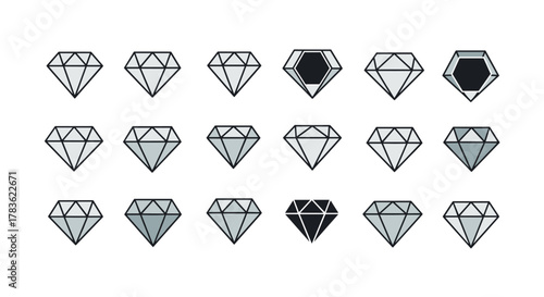 Modern minimalist diamond logo icon collection, a set of ordered line icons representing precious gemstones with clean geometric shapes and varying shades of grey and black, perfect for branding and