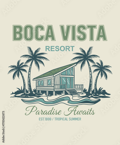 Boca Vista Resort hand drawing. Tropical beach hotel vintage resort graphics. summer t-shirt design in vector. aloha inland for relax unwind