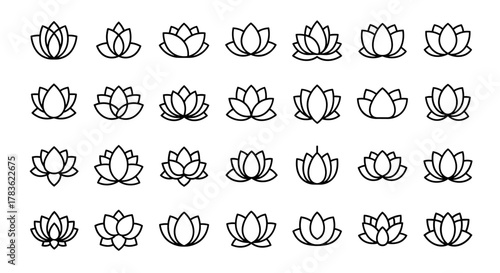 Collection of stylized lotus flower icons and logos, presented as clean line art on a white background, offering a versatile set of graphic resources for various design applications, symbolizing
