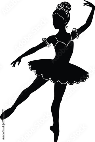 Elegant ballerina silhouette, graceful ballet dancer pose, tutu costume with bow, classical dance art, en pointe balance, stage performance, poise, beauty