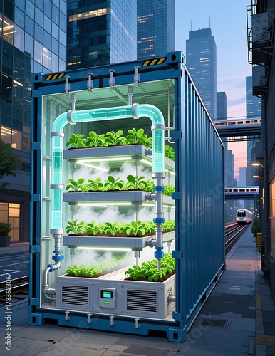 Vertical Hydroponic Farm Inside Shipping Container in Urban City Setting by Train Tracks