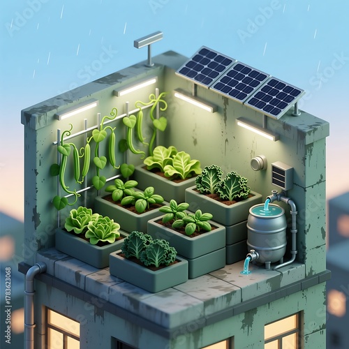 3D Isometric Rooftop Garden with Raised Beds, Solar Panels, and Rainwater Harvesting in City