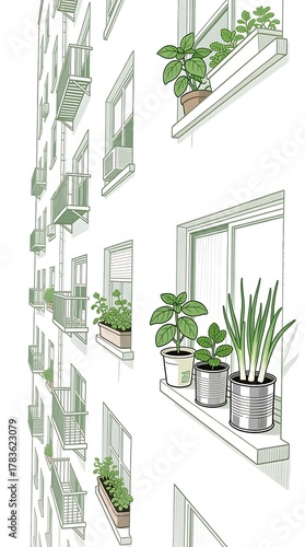 Apartment Building Facade with Potted Herbs and Plants on Windowsills and Balconies