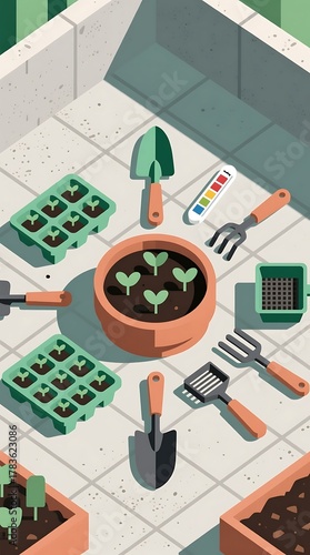 Isometric Illustration of Seed Starting and Gardening Tools on a Patio for Spring Planting