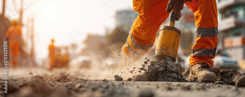 Construction worker using jackhammer on road, wearing safety gear.