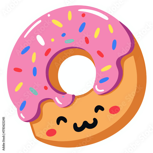 A donut with pastel icing and a face, biting its own edge playfully | kawaii cartoon style | soft pastel pinks, blues, and yellows | cute expression with sparkling eyes | smooth rounded design 