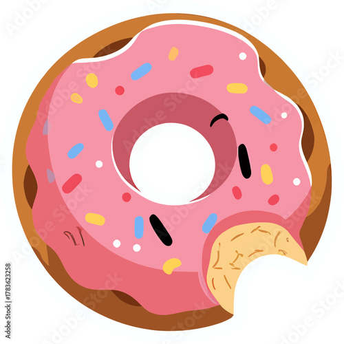 A donut with pastel icing and a face, biting its own edge playfully | kawaii cartoon style | soft pastel pinks, blues, and yellows | cute expression with sparkling eyes | smooth rounded design 