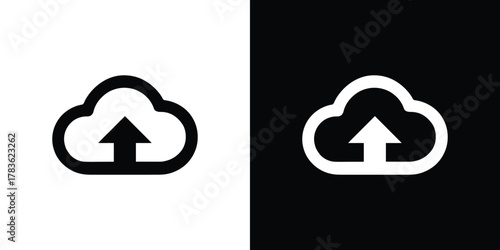 Cloud Upload Arrow Icon in Black and White Symbol Depiction
