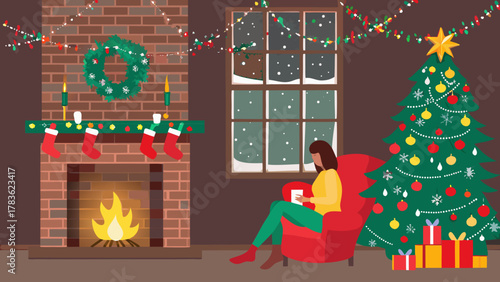 Cozy christmas scene with a woman reading by the fireplace and a decorated tree