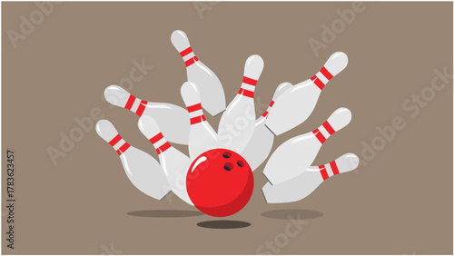 Red bowling ball hitting white pins flat vector illustration isolated on brown background