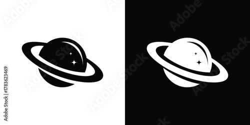 Planet with Ring Silhouette and Stars, Space on Transparent Background