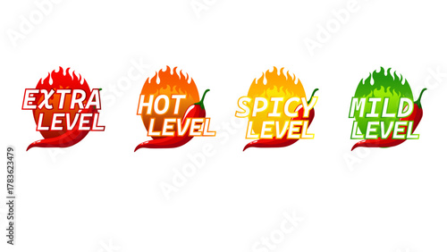 Chili pepper spicy heat level icons set with flame, extra hot mild and spicy labels isolated