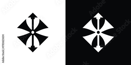 Symmetric Logo Shape, Arrows and Blades in Black and White, Corporate Identity