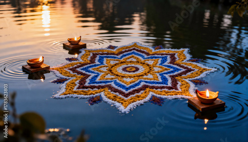 Floating flower rangoli with candles on water