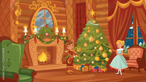 Children in festive attire admire a decorated christmas tree and fireplace in a cozy room