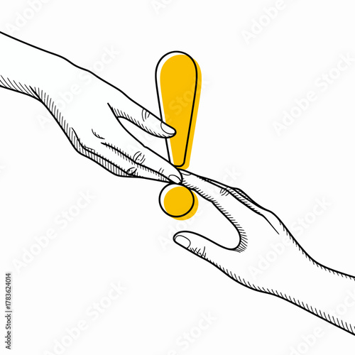 An illustration featuring two hands reaching toward a warning symbol, emphasizing mindfulness and alertness in interpersonal communication and engagements.