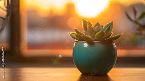 Stylish Plant Arrangement With a Petite Succulent Nestled in a Vibrant Teal Ceramic Planter on a Modern Minimalist Shelf, Clean Lines, Bright Accent Colour and Contemporary Home Decorvase with flowers