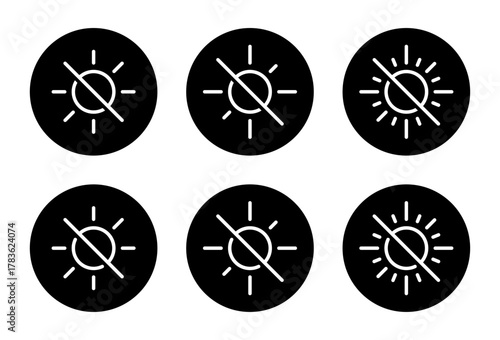 Brightness off icon set in black circle. Sun line with slash symbol. Light disable sign