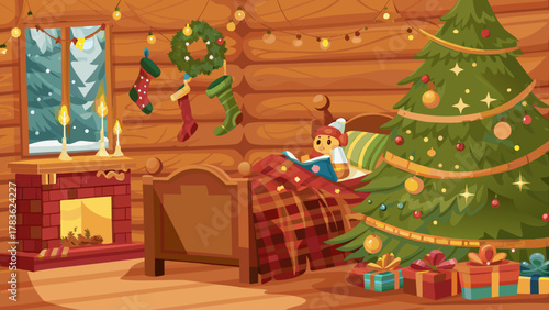 Cozy christmas cabin scene with a child reading in bed by a warm fireplace and decorated tree