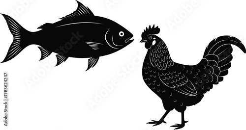 Fish and chicken silhouette facing each other, farm animal and seafood vector illustration, agriculture design, animal contrast art