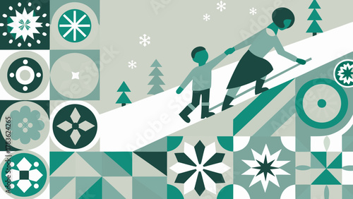 A mother and child ascend a snowy hill with geometric winter patterns