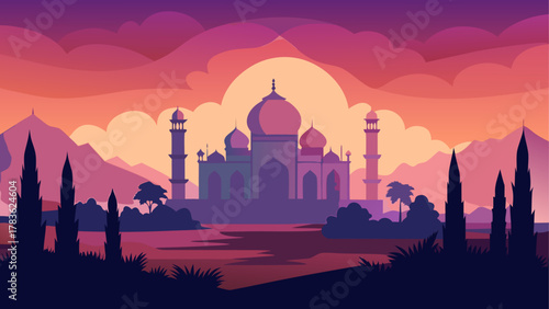 Taj mahal silhouette at sunset landscape