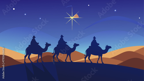 Three wise men riding camels at night time