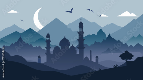 Silhouette mosque with mountains and moon