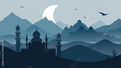 Silhouette of mosque with mountains and moon