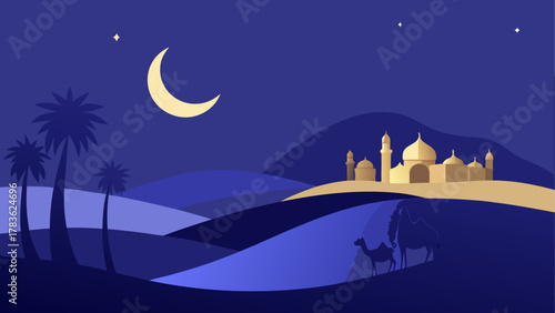 Night desert scene with mosque and camels