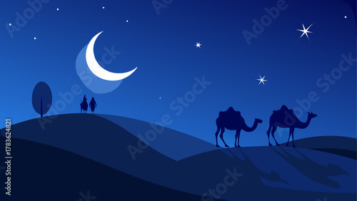Camels walking in desert under moon night