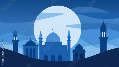 Silhouette of mosque against the moonlit sky