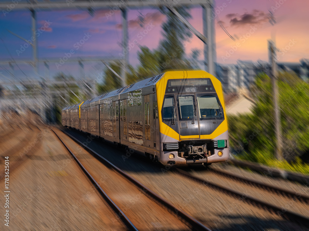Fototapeta premium Passenger Train going through Summer Hill train station a suburban Sydney train Station NSW Australia