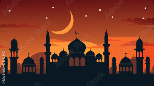 Silhouette of mosque at sunset with stars