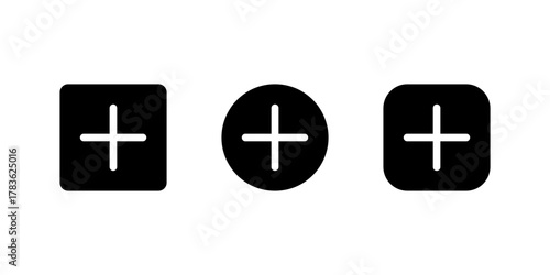 Add button icon set. Plus sign in square and circle symbol. Insert or create sign