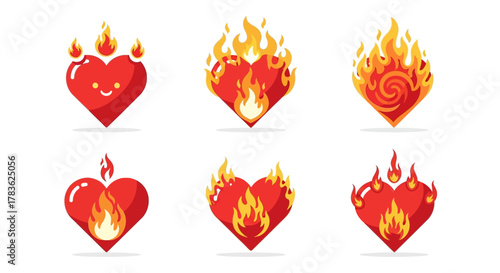 Collection of six heart icons with flames, representing love and passion