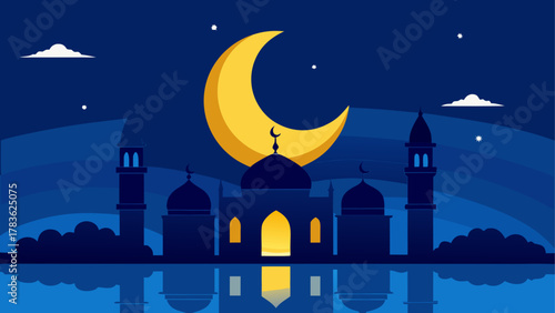 Mosque silhouette with moon and stars art