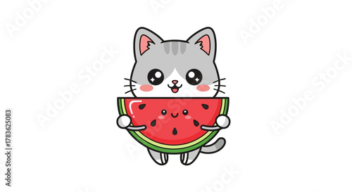 Cute Cartoon Cat Enjoying a Slice of Watermelon Whimsical Summer Fun Concept